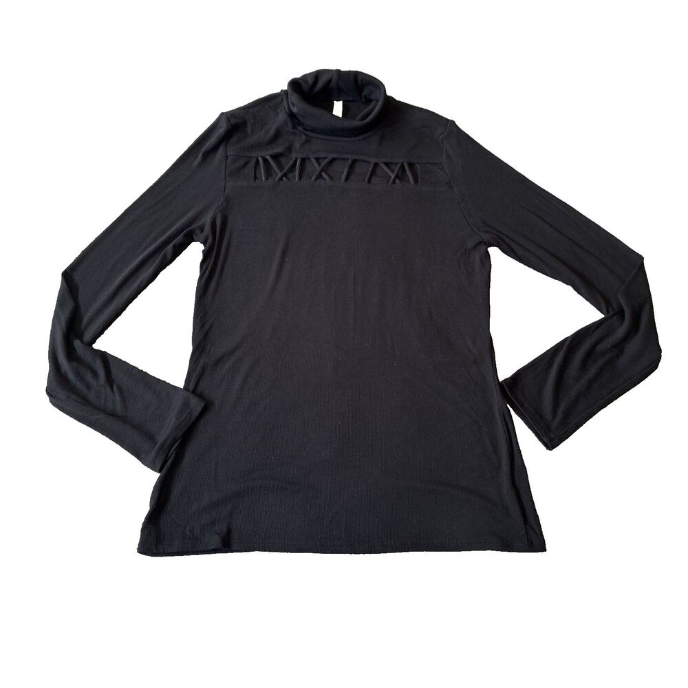 Lanston Revolve Women’s Black Turtleneck Lattice Chest Cutout Top Size M